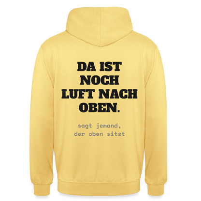 "Da ist noch Luft nach oben" Motiv-Hoodie unisex, Farbe Zitronengelb