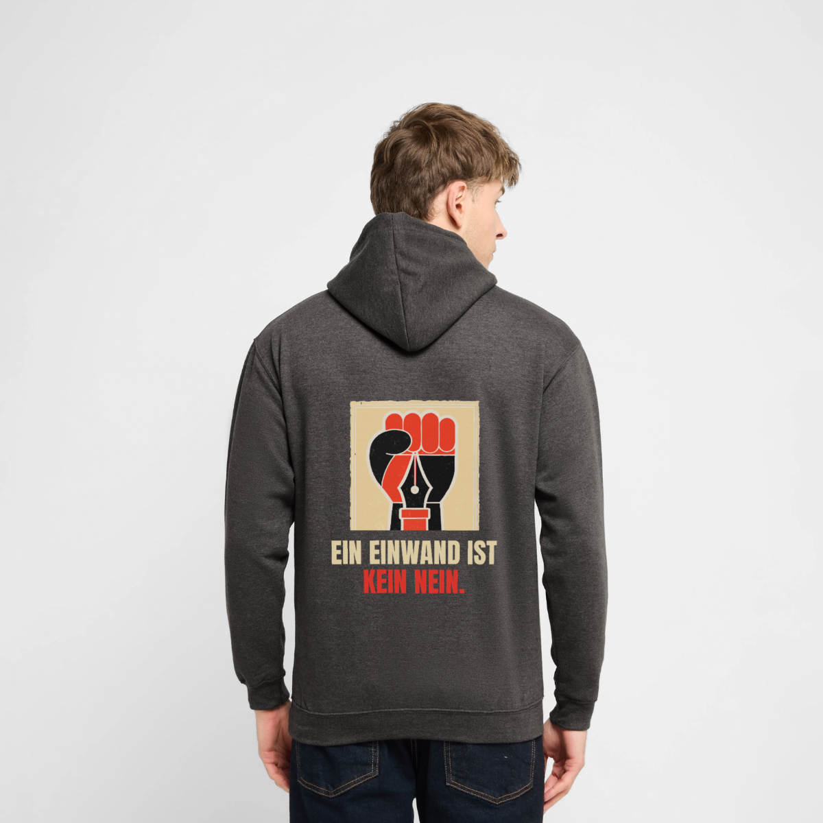 "Ein Einwand ist kein Nein." Motiv-Hoodie unisex, Farbe Anthrazit, Model