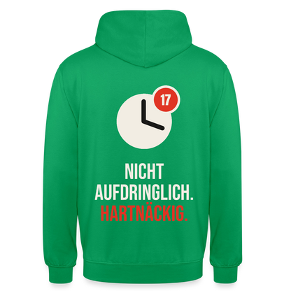 Nicht aufdringlich. Hartnäckig. Motiv-Hoodie unisex, Farbe Kelly Green