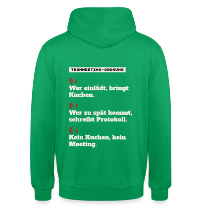 "Teammeeting-Ordnung: wer einlädt, bringt Kuchen." Motiv-Hoodie unisex, Farbe Kelly Green