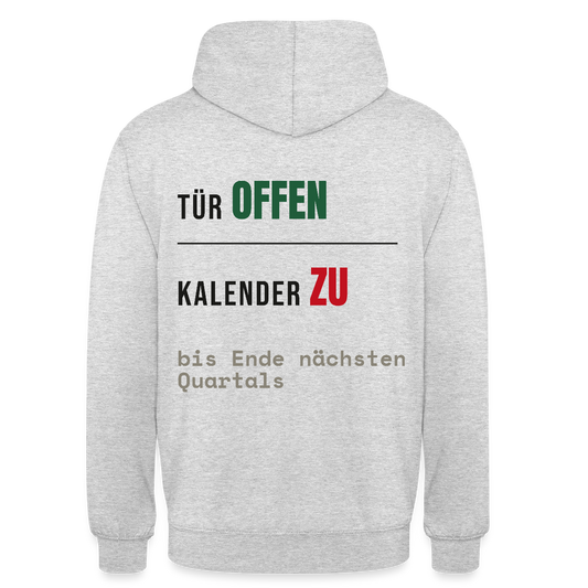 Tür offen. Kalender zu. Motiv-Hoodie unisex, Farbe Hellgrau meliert