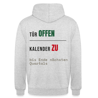 Tür offen. Kalender zu. Motiv-Hoodie unisex, Farbe Hellgrau meliert