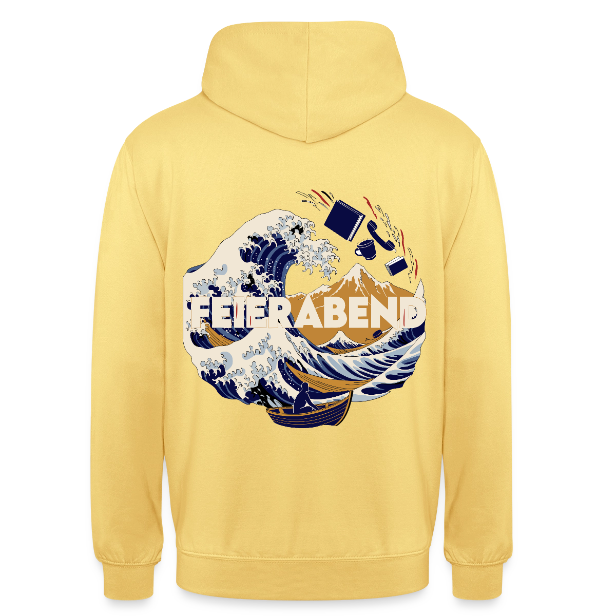 Feierabend. Ukiyo-e-Motiv Motiv-Hoodie unisex, Farbe Zitronengelb
