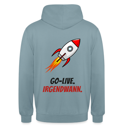 Go-Live. Irgendwann. Motiv-Hoodie unisex, Farbe Nebelblau