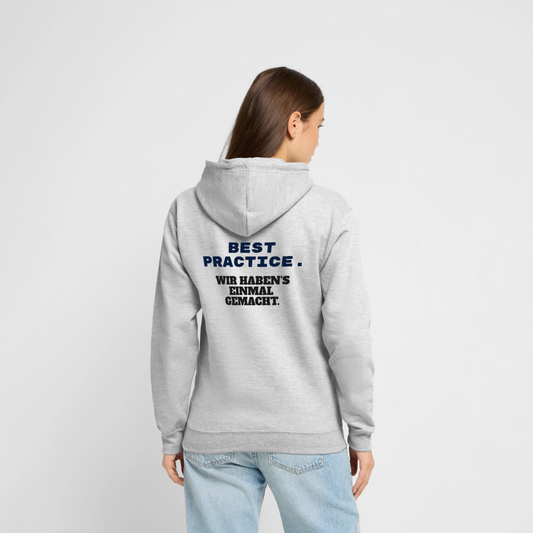 "Best Practice. Wir haben's einmal gemacht." Motiv-Hoodie unisex, Farbe Hellgrau meliert