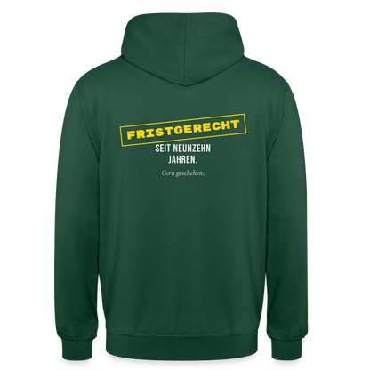 "Fristgerecht seit neunzehn Jahren. Gern geschehen." Motiv-Hoodie unisex, Farbe Flaschengrün
