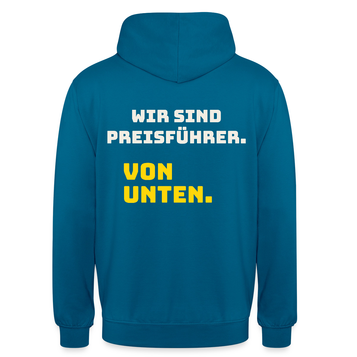 "Wir sind Preisführer. Von unten." Motiv-Hoodie unisex, Farbe Tiefseeblau