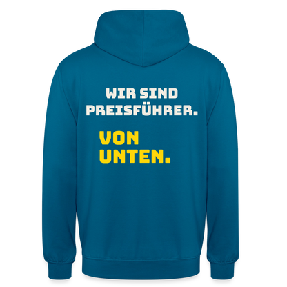 "Wir sind Preisführer. Von unten." Motiv-Hoodie unisex, Farbe Tiefseeblau