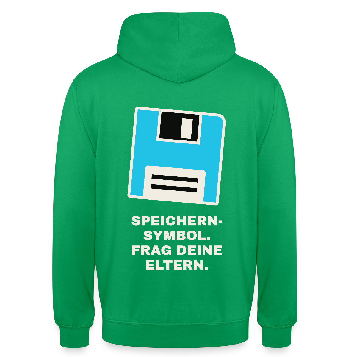 Speichern-Symbol. Frag deine Eltern. Motiv-Hoodie unisex, Farbe Kelly Green