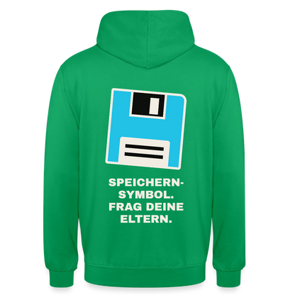 Speichern-Symbol. Frag deine Eltern. Motiv-Hoodie unisex, Farbe Kelly Green