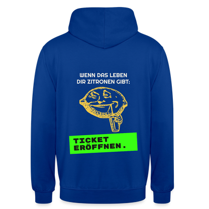 Wenn das Leben dir Zitronen gibt: Ticket eröffnen. Motiv-Hoodie unisex, Farbe Royalblau