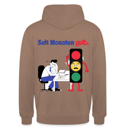 "Seit Monaten gelb. Ampel-Motiv" Motiv-Hoodie unisex, Farbe Mokka