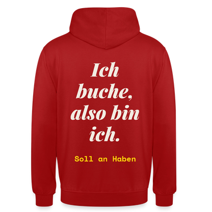 "Ich buche, also bin ich." Motiv-Hoodie unisex, Farbe Rot