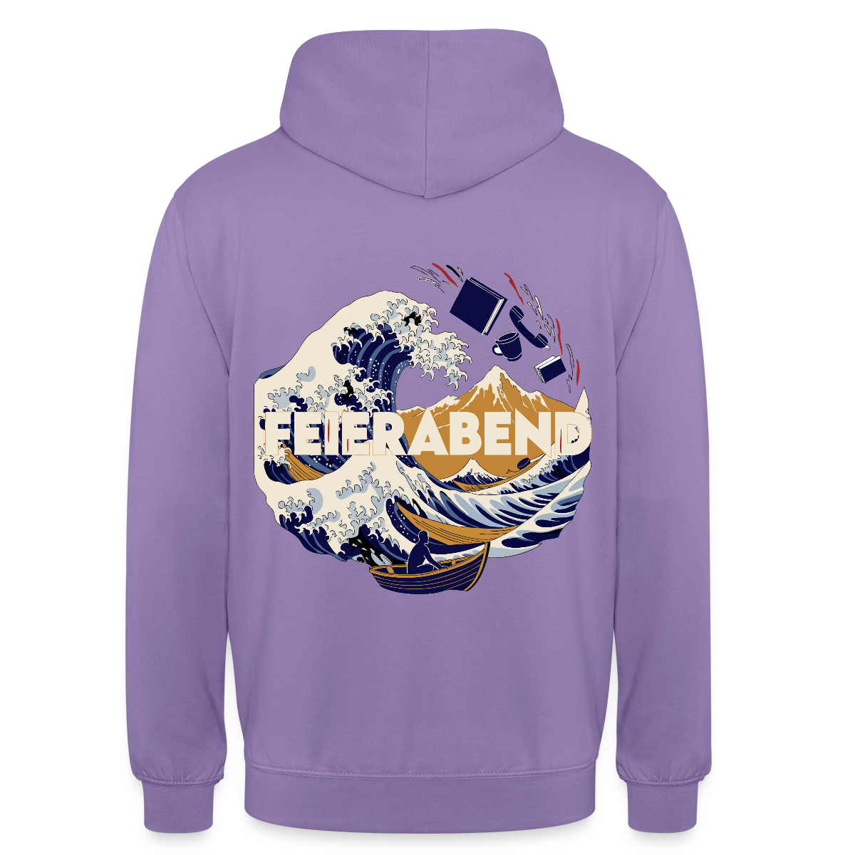 "Feierabend. Ukiyo-e-Motiv" Motiv-Hoodie unisex, Farbe Lavendel