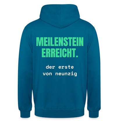 Meilenstein erreicht. Der erste von neunzig. Motiv-Hoodie unisex, Farbe Tiefseeblau