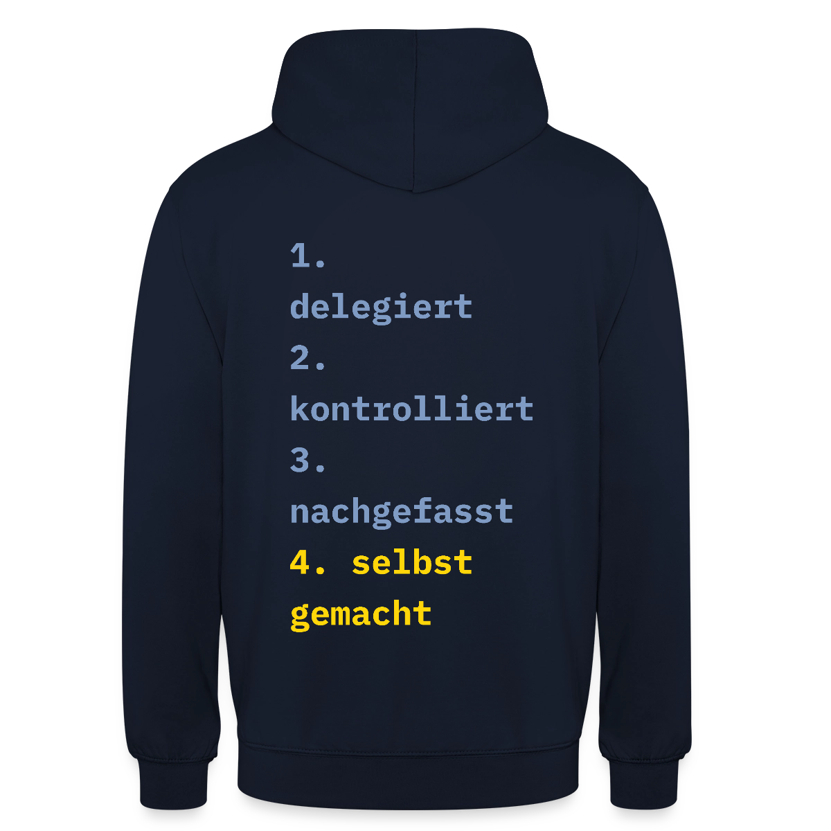 Delegiert. Kontrolliert. Nachgefasst. Selbst gemacht. Motiv-Hoodie unisex, Farbe Navy