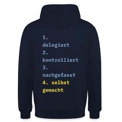 Delegiert. Kontrolliert. Nachgefasst. Selbst gemacht. Motiv-Hoodie unisex, Farbe Navy