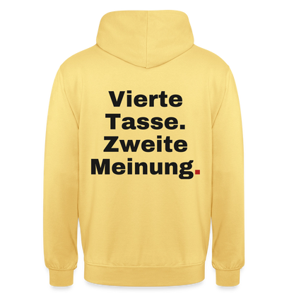 "Vierte Tasse. Zweite Meinung." Motiv-Hoodie unisex, Farbe Zitronengelb