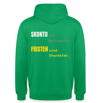 "Skonto ist Mathematik. Fristen sind Charakter." Motiv-Hoodie unisex, Farbe Kelly Green