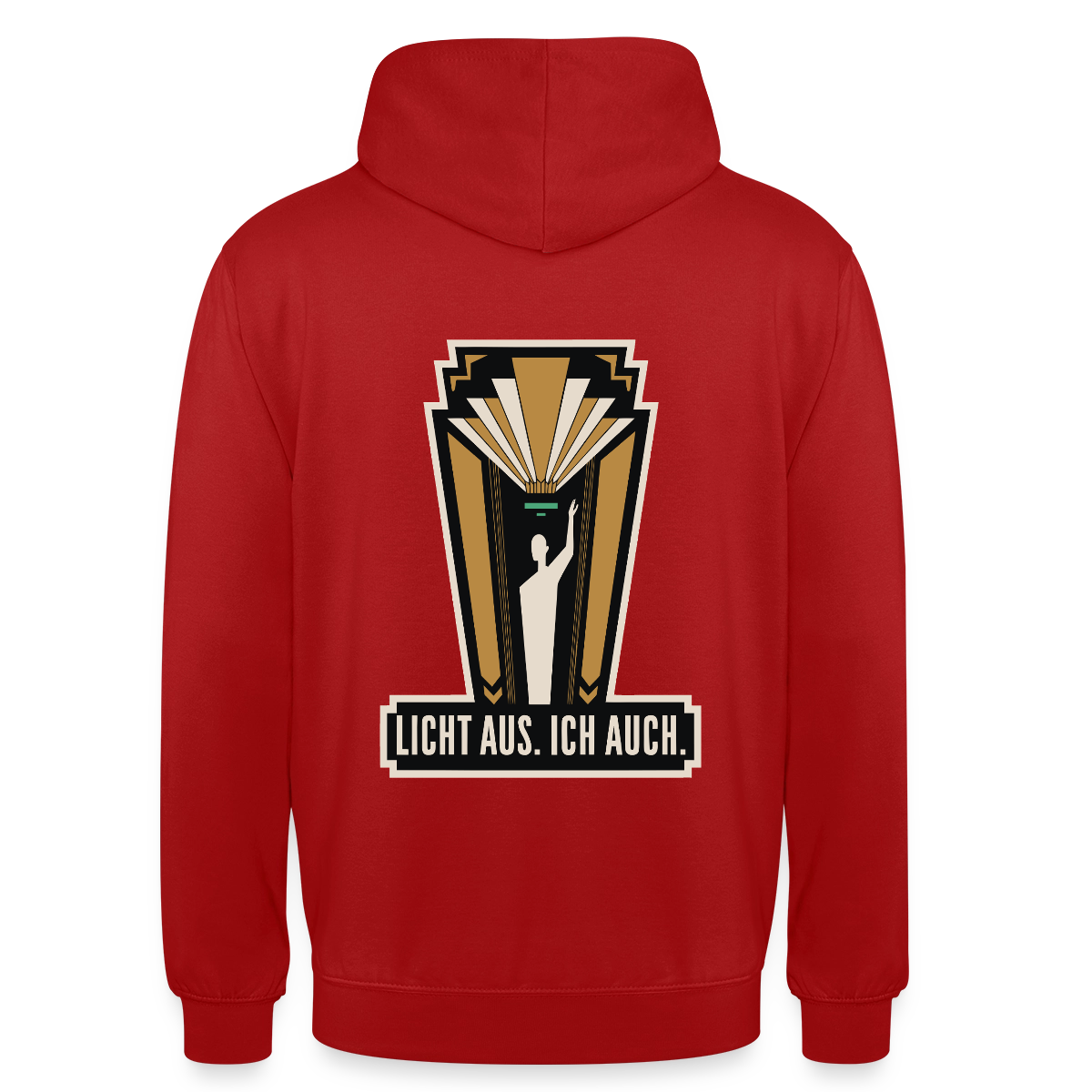 "Licht aus. Ich auch. Art-déco-Motiv" Motiv-Hoodie unisex, Farbe Rot