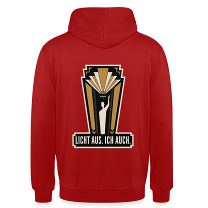 "Licht aus. Ich auch. Art-déco-Motiv" Motiv-Hoodie unisex, Farbe Rot