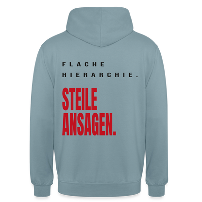 "Flache Hierarchie. Steile Ansagen." Motiv-Hoodie unisex, Farbe Nebelblau