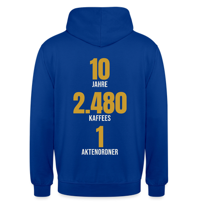 "10 Jahre, 2.480 Kaffees, 1 Aktenordner" Motiv-Hoodie unisex, Farbe Royalblau