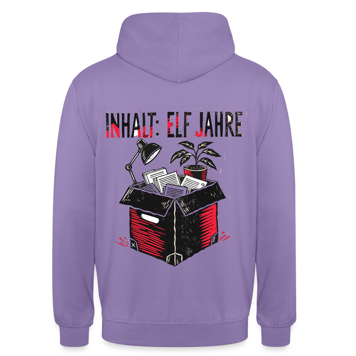 "Inhalt: elf Jahre. Linolschnitt-Motiv" Motiv-Hoodie unisex, Farbe Lavendel