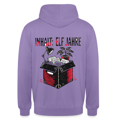 "Inhalt: elf Jahre. Linolschnitt-Motiv" Motiv-Hoodie unisex, Farbe Lavendel