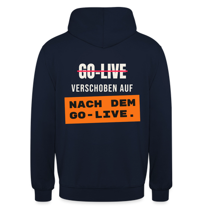 Go-Live verschoben auf nach dem Go-Live. Motiv-Hoodie unisex, Farbe Navy