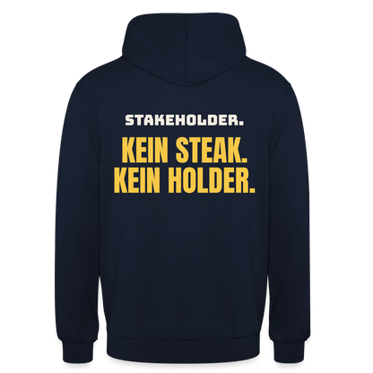 "Stakeholder. Kein Steak. Kein Holder." Motiv-Hoodie unisex, Farbe Navy