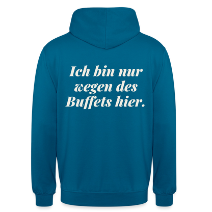 "Ich bin nur wegen des Buffets hier." Motiv-Hoodie unisex, Farbe Tiefseeblau
