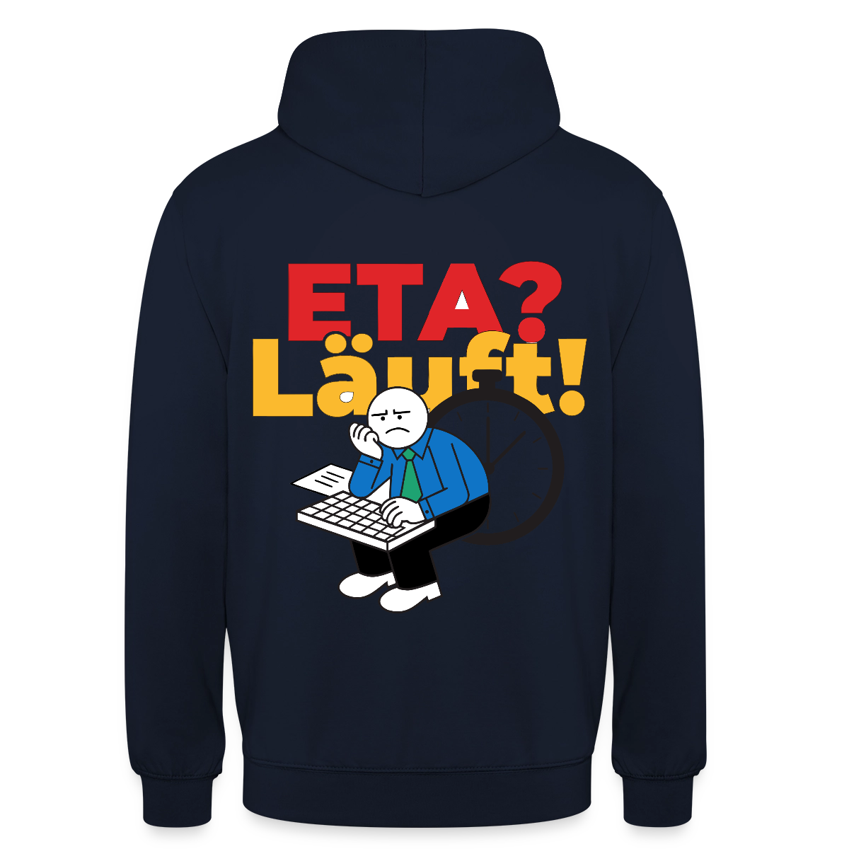 "ETA? Läuft! Strichfiguren-Motiv" Motiv-Hoodie unisex, Farbe Navy