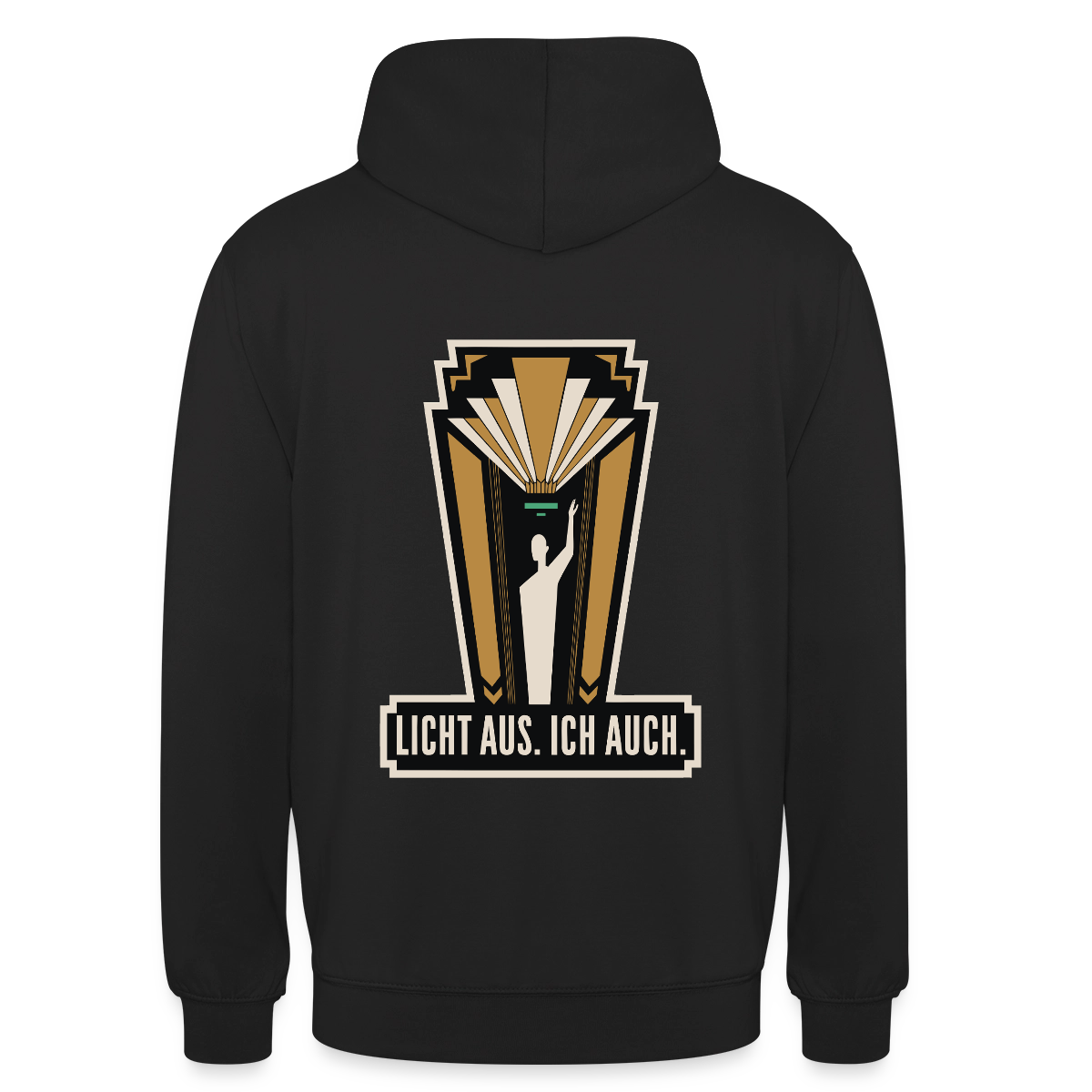"Licht aus. Ich auch. Art-déco-Motiv" Motiv-Hoodie unisex, Farbe Schwarz