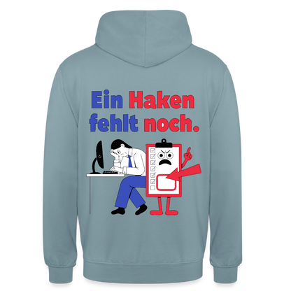 "Ein Haken fehlt noch. Klemmbrett-Motiv" Motiv-Hoodie unisex, Farbe Nebelblau