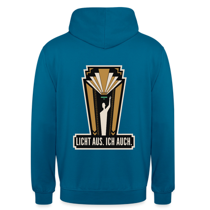 Licht aus. Ich auch. Art-déco-Motiv Motiv-Hoodie unisex, Farbe Tiefseeblau
