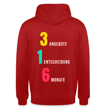 "3 Angebote. 1 Entscheidung. 6 Monate." Motiv-Hoodie unisex, Farbe Rot