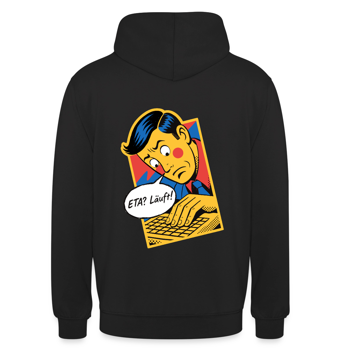 "ETA? Läuft! Popart-Motiv" Motiv-Hoodie unisex, Farbe Schwarz