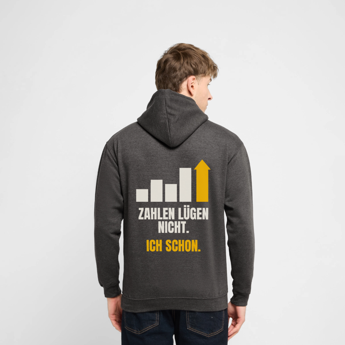 "Zahlen lügen nicht. Ich schon." Motiv-Hoodie unisex, Farbe Anthrazit, Model