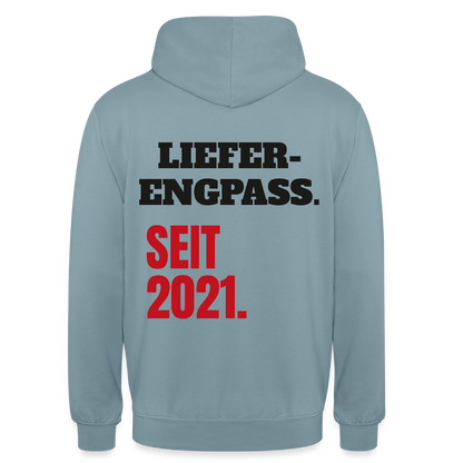 "Lieferengpass. Seit 2021." Motiv-Hoodie unisex, Farbe Nebelblau