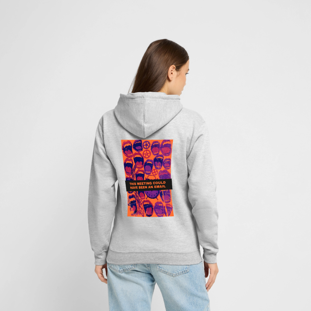 This meeting could have been an email. Raster-Motiv Motiv-Hoodie unisex, Farbe Hellgrau meliert, Model