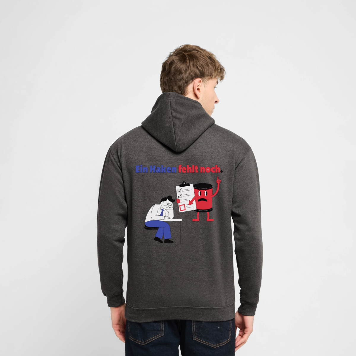 "Ein Haken fehlt noch. Comic-Motiv" Motiv-Hoodie unisex, Farbe Anthrazit