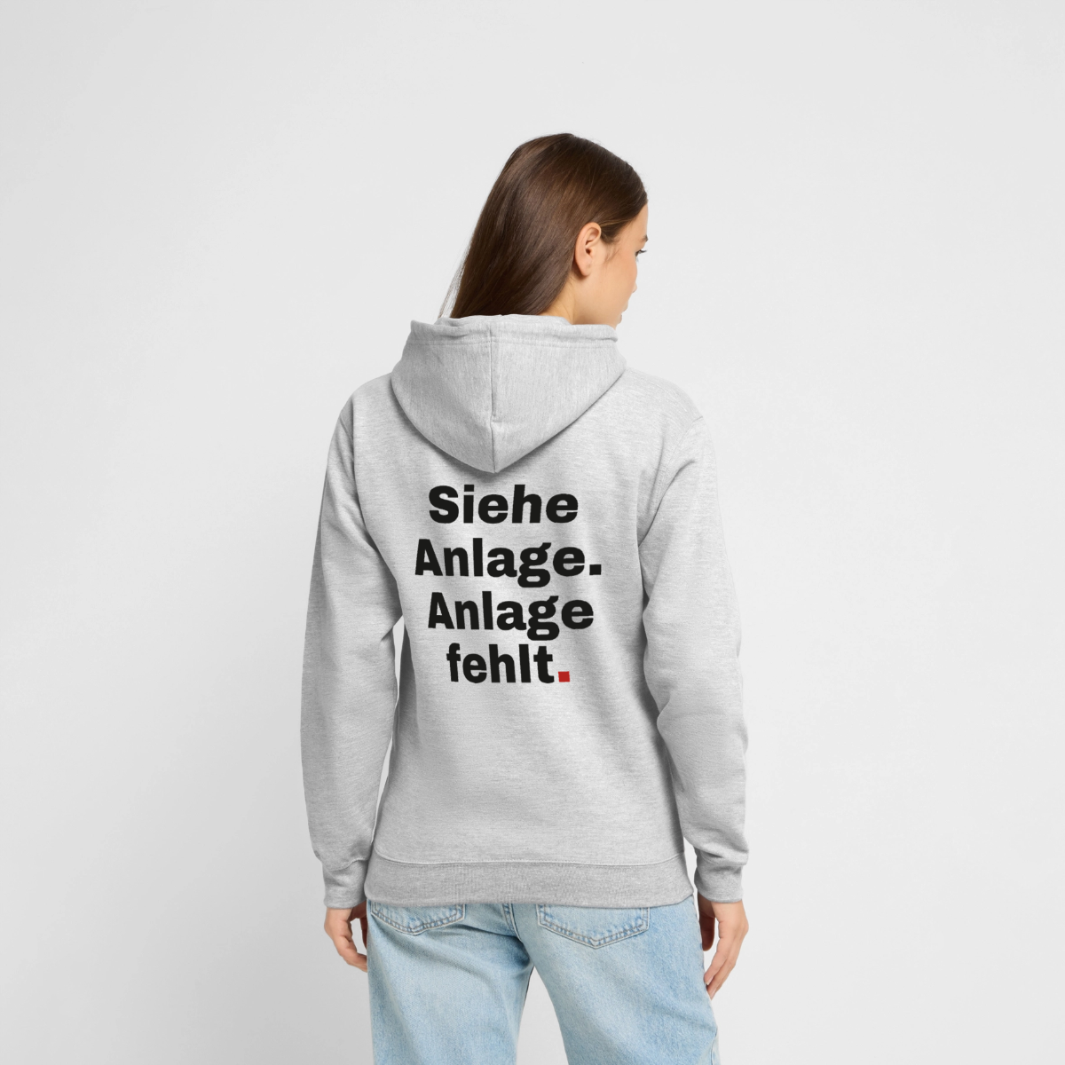 "Siehe Anlage. Anlage fehlt." Motiv-Hoodie unisex, Farbe Hellgrau meliert, Model
