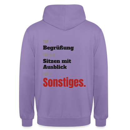 Top 1 Begrüßung, Top 2 bis 6 Sitzen mit Ausblick, Top 7 Sonstiges Motiv-Hoodie unisex, Farbe Lavendel