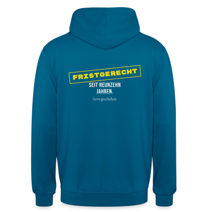 "Fristgerecht seit neunzehn Jahren. Gern geschehen." Motiv-Hoodie unisex, Farbe Tiefseeblau