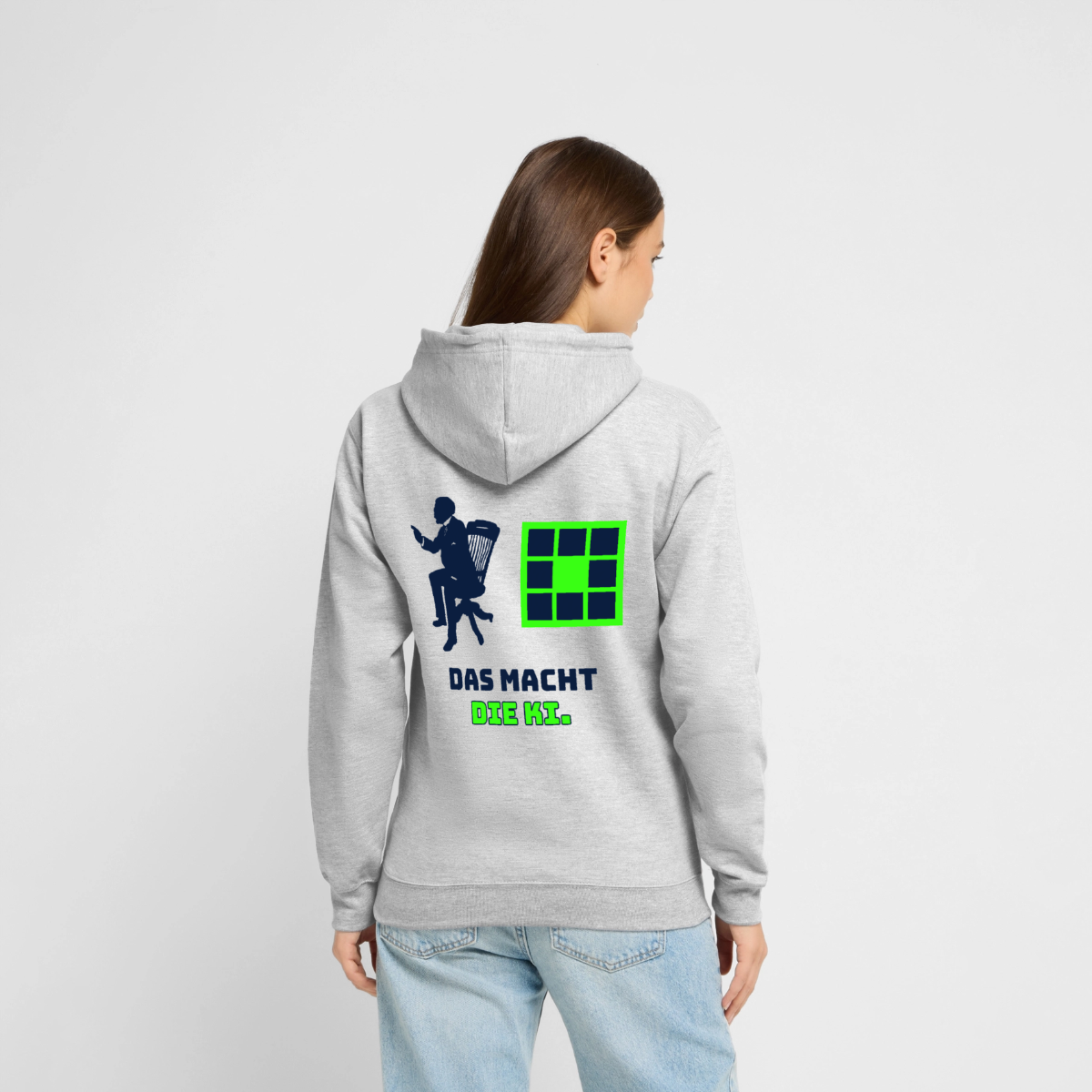 Das macht die KI. Motiv-Hoodie unisex, Farbe Hellgrau meliert, Model