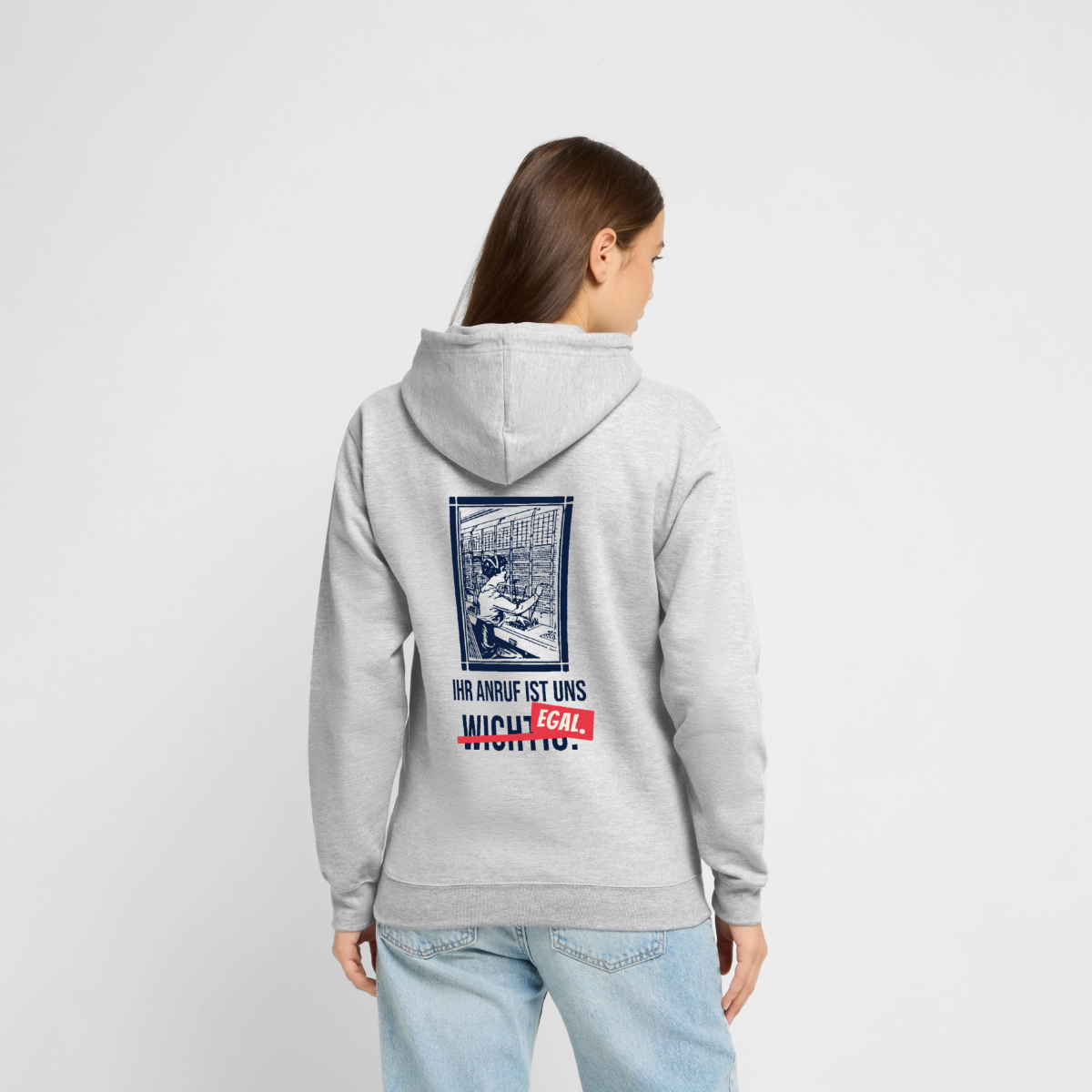 Ihr Anruf ist uns egal. Motiv-Hoodie unisex, Farbe Hellgrau meliert, Model