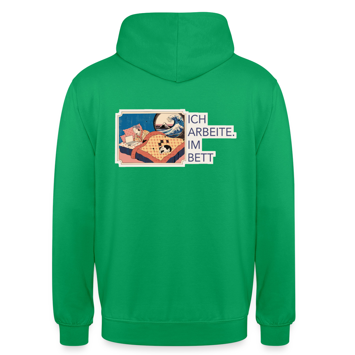 Ich arbeite. Im Bett. Motiv-Hoodie unisex, Farbe Kelly Green