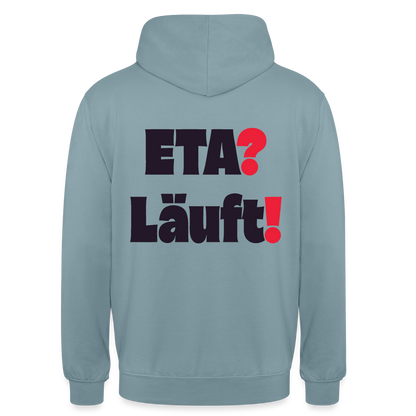 "ETA? Läuft! Typo-Motiv" Motiv-Hoodie unisex, Farbe Nebelblau