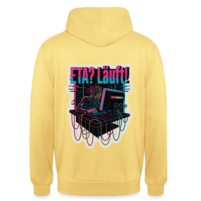 "ETA? Läuft! Cyberpunk-Motiv" Motiv-Hoodie unisex, Farbe Zitronengelb